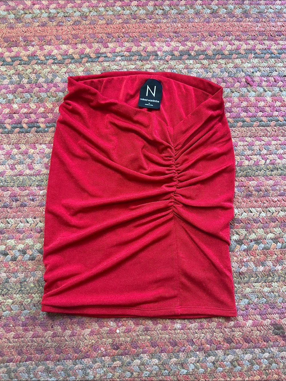 naked wardrobe red ruched stretch mini skirt